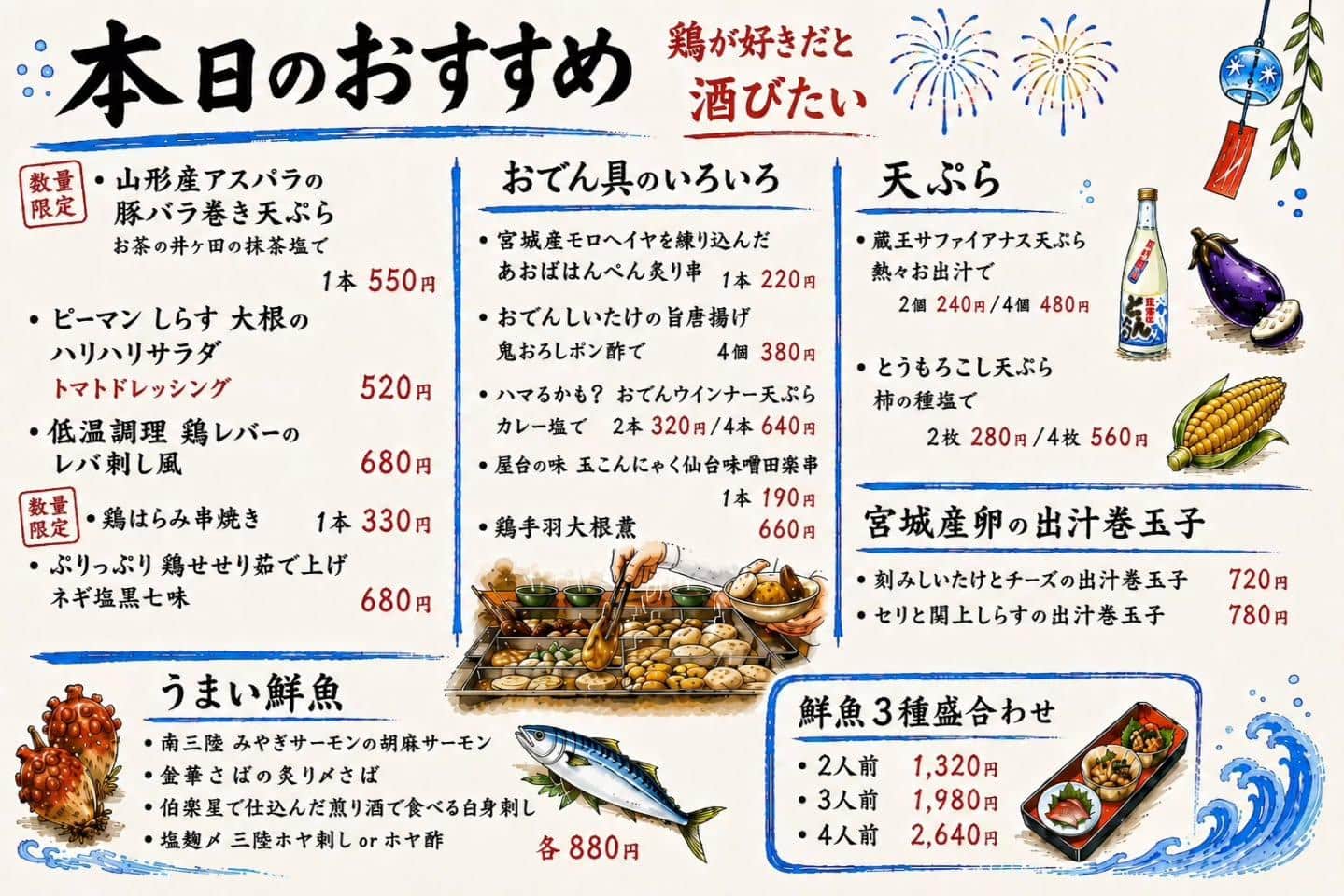 鶏・鮮魚・旬のお料理たくさんご用意してます!@居酒屋/焼鳥/日本酒/飲み放題/仙台/セルフ日本酒飲み放題
